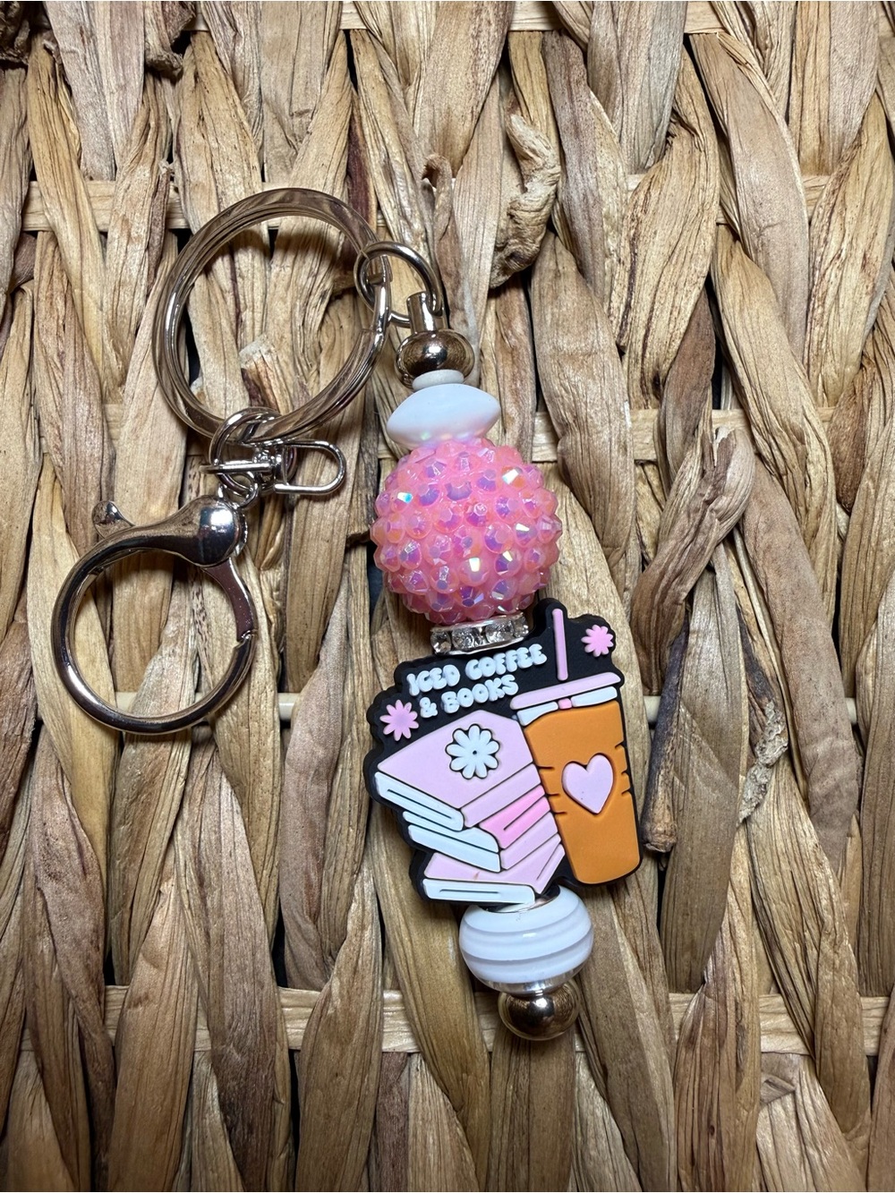 Pink Beaded Keychain Charm – Iced Coffee & Books